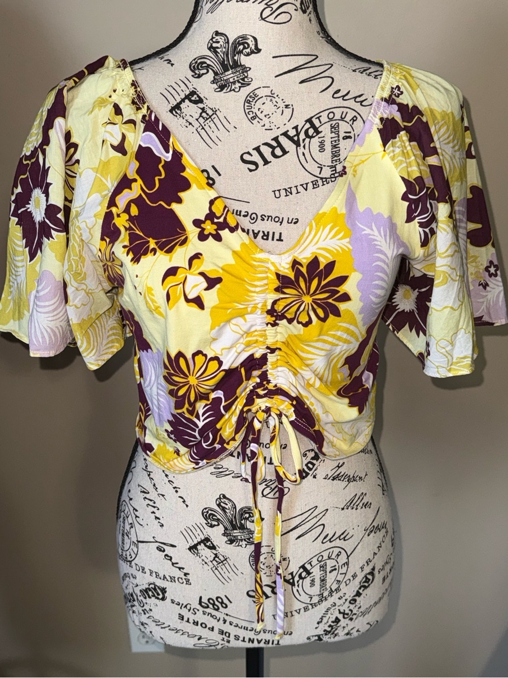 Anthropologie Maeve Cinched Flutter Sleeve Floral Top Yellow Purple Medium Boho - Picture 3 of 13